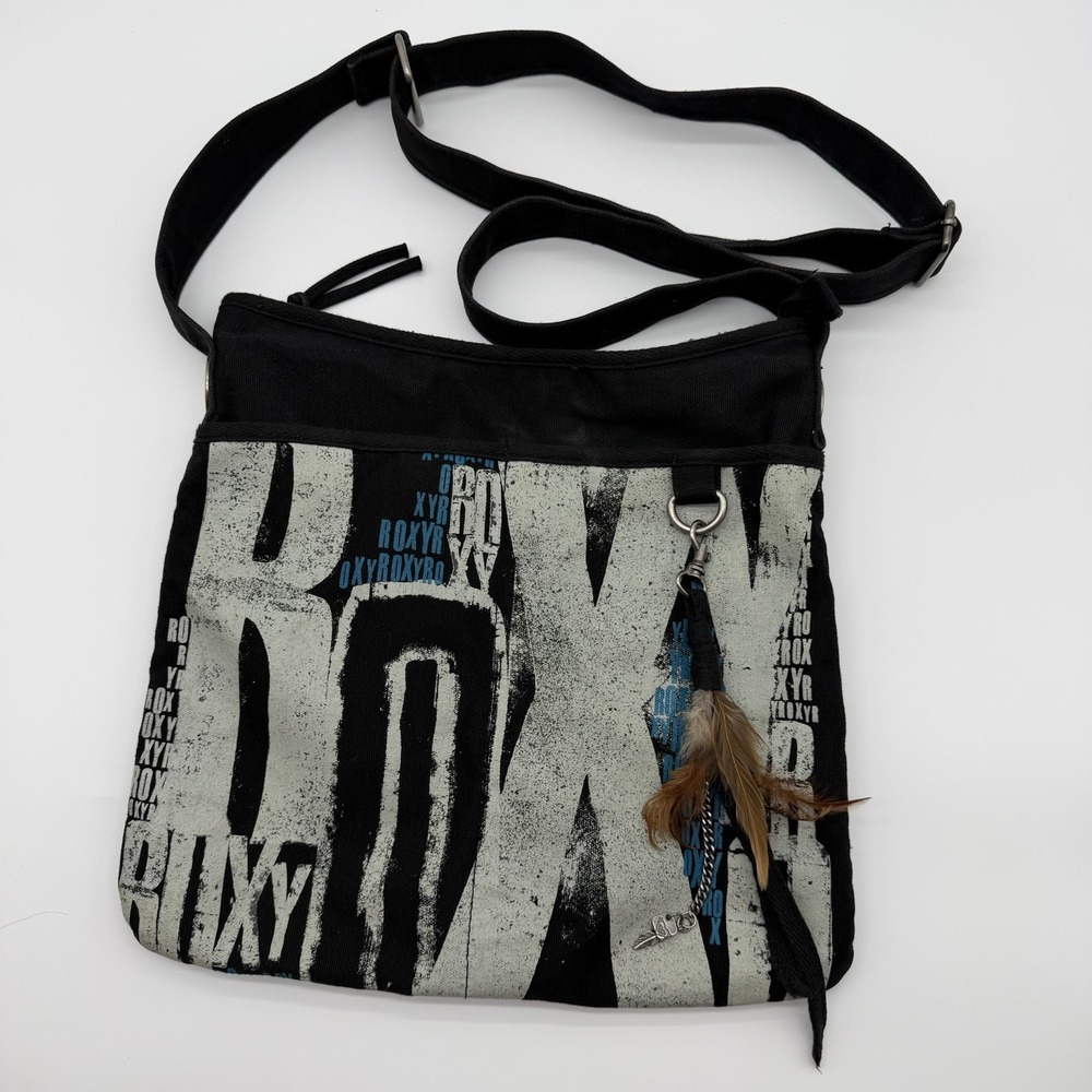 Vintage Y2K ROXY Cotton Crossbody Bag Boho Surf Grunge Block Logo Feather Charm